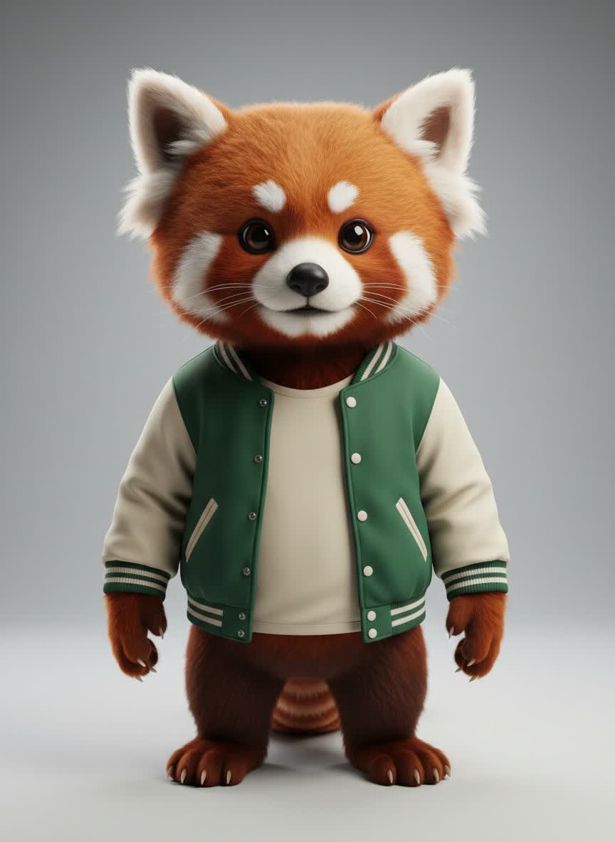 Original red panda character in a green varsity jacket